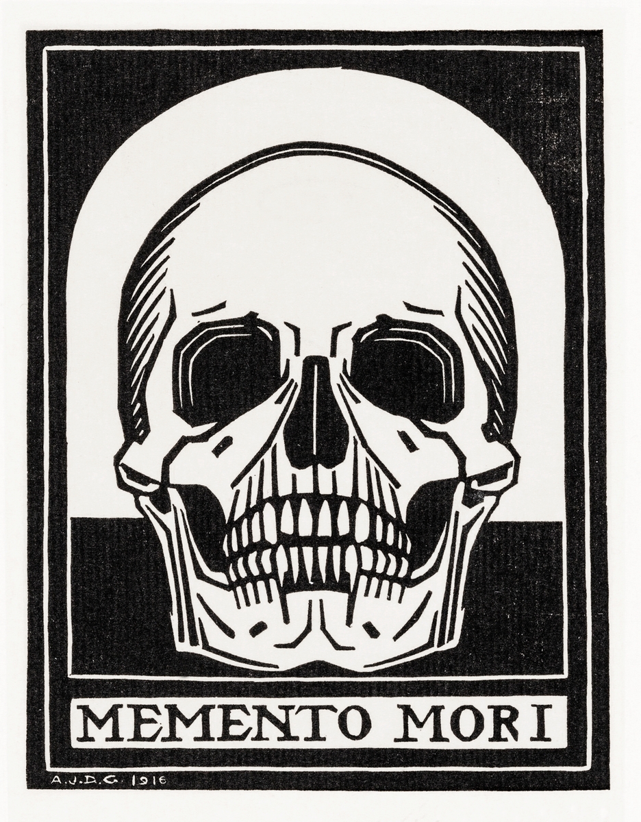 Print of a skull with 'memento mori' written beneath