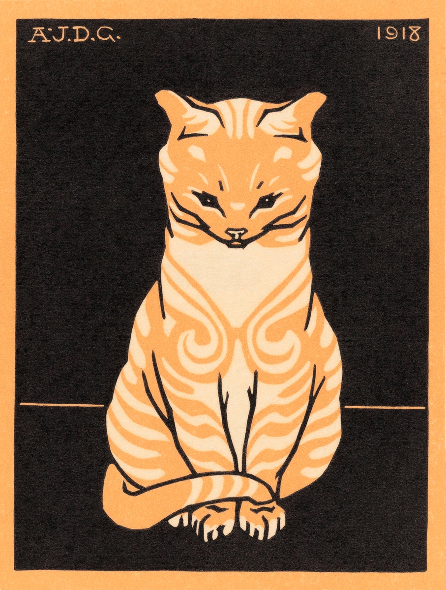 Print of an orange and cream colored cat sitting 
